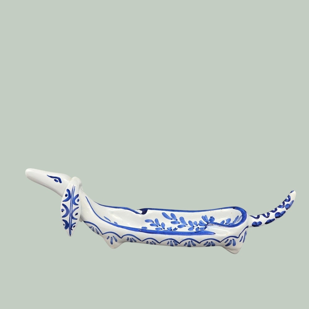 Vintage Blue and White Ceramic Dachshund Ashtray Hand Painted Weiner Dog Dish 12